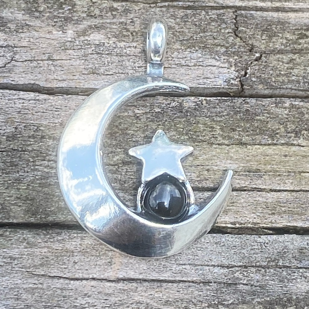 Moon and Star Pendant .925 Sterling Silver black star diopside gem Made in USA